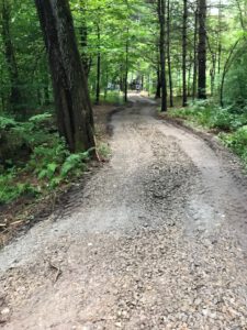the Johnathon Daniels Trail has a hard-packed stone surface that winds through trees