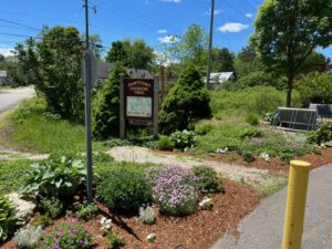 a flower garden sits along the downtown Cheshire Rail Trail, which features a paved surface